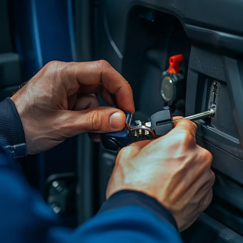 Der Schlosser von Schlüsseldienst Leipzig repariert das Schloss eines Autos.