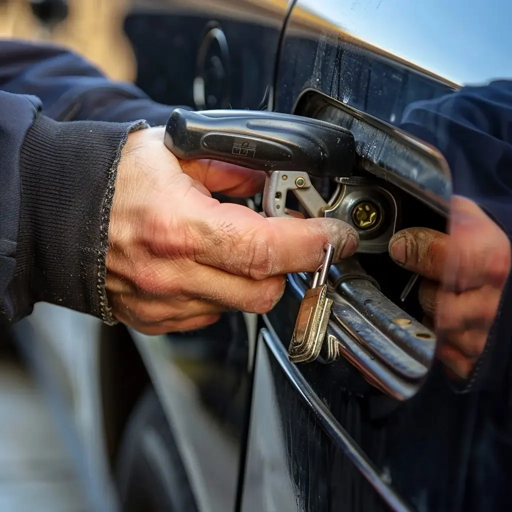 Der Schlosser von Schlüsseldienst Leipzig repariert das Schloss eines Autos.
