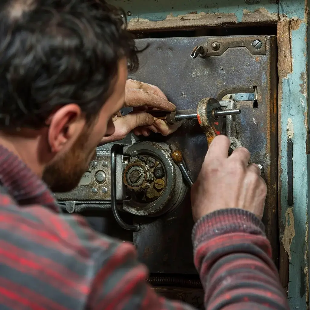 Der lächelnde Schlosser von Schlüsseldienst Leipzig repariert einen Tresor.